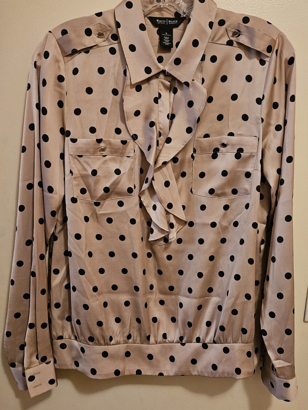White House Black Market Beige/Tan & Black Polka Dot Lovely Ruffle Blouse, Sz 8 - Picture 3 of 16